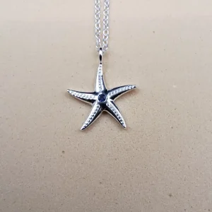 Collar de plata 925 estrella de mar con piedra azul topacio y textura en relieve